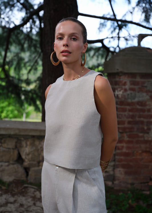Lune %100 Keten Crop Bluz